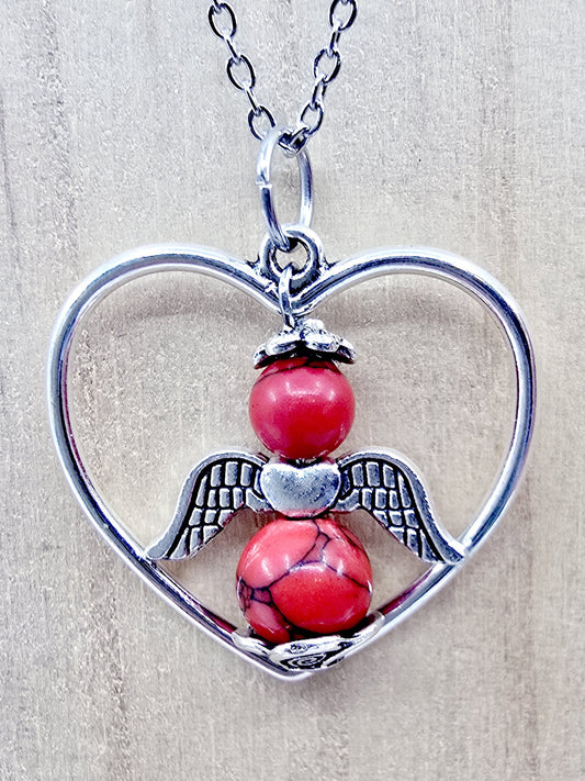 Collier coeur ange porte-bonheur - Howlite rouge
