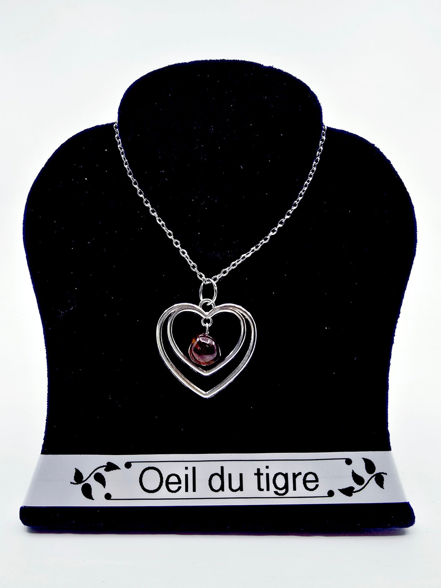 Collier duo de coeurs - Oeil de tigre rouge