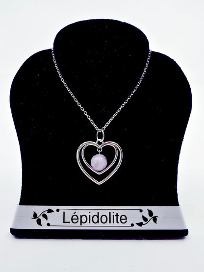 Collier duo de coeurs - Lépidolite