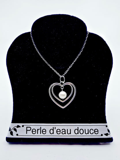 Collier duo de coeurs - Perle d'eau douce