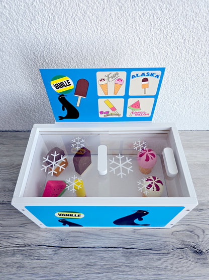 Glacière en bois avec ses 6 glaces gourmandes