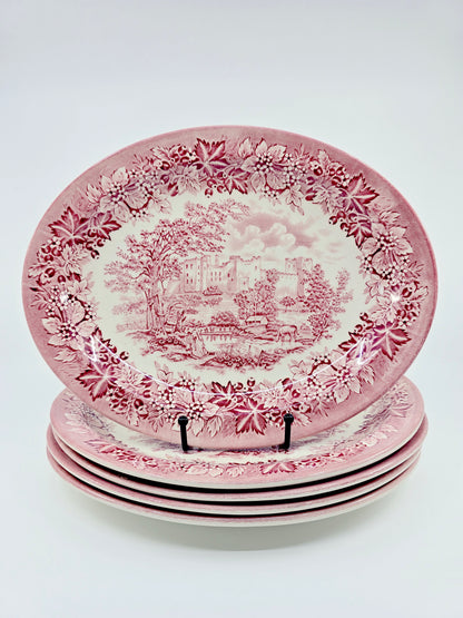 Grandes assiettes ovales en faïence anglaise rouge – Style "Old Britain Castles" (5 pièces)