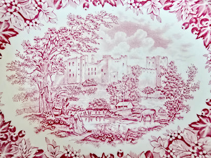 Grandes assiettes ovales en faïence anglaise rouge – Style "Old Britain Castles" (5 pièces)