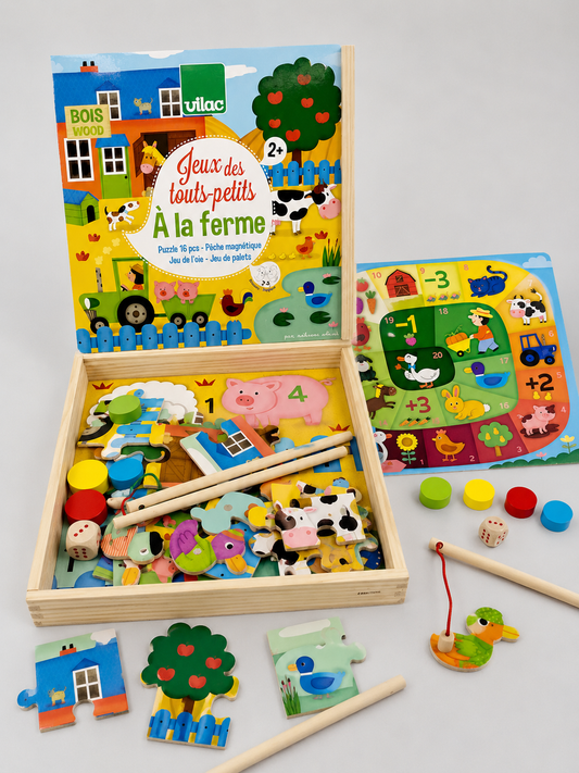 Coffret jeux en bois Vilac pour tout-petits : puzzle, pêche, jeu de l'oie