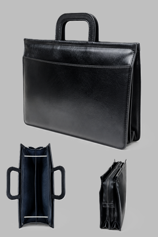 Serviette de travail en cuir noir avec poignées rétractables