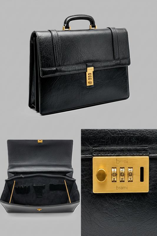 Mallette de travail en cuir noir avec serrure à combinaison