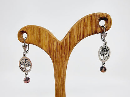 Boucles d'oreilles arbre de vie - Rhodonite