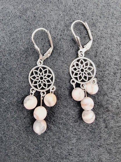 Boucles d'oreilles fleur de vie - Jaspe zèbre rose