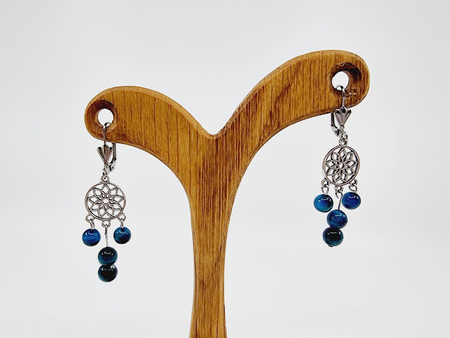 Boucles d'oreilles fleur de vie - Oeil du tigre bleu