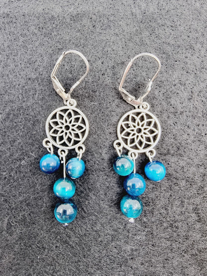 Boucles d'oreilles fleur de vie - Oeil du tigre bleu