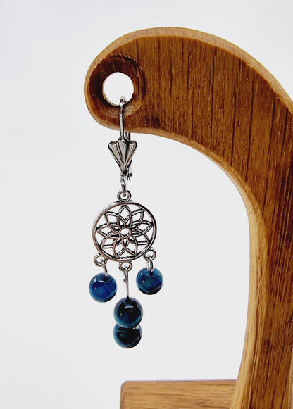 Boucles d'oreilles fleur de vie - Oeil du tigre bleu