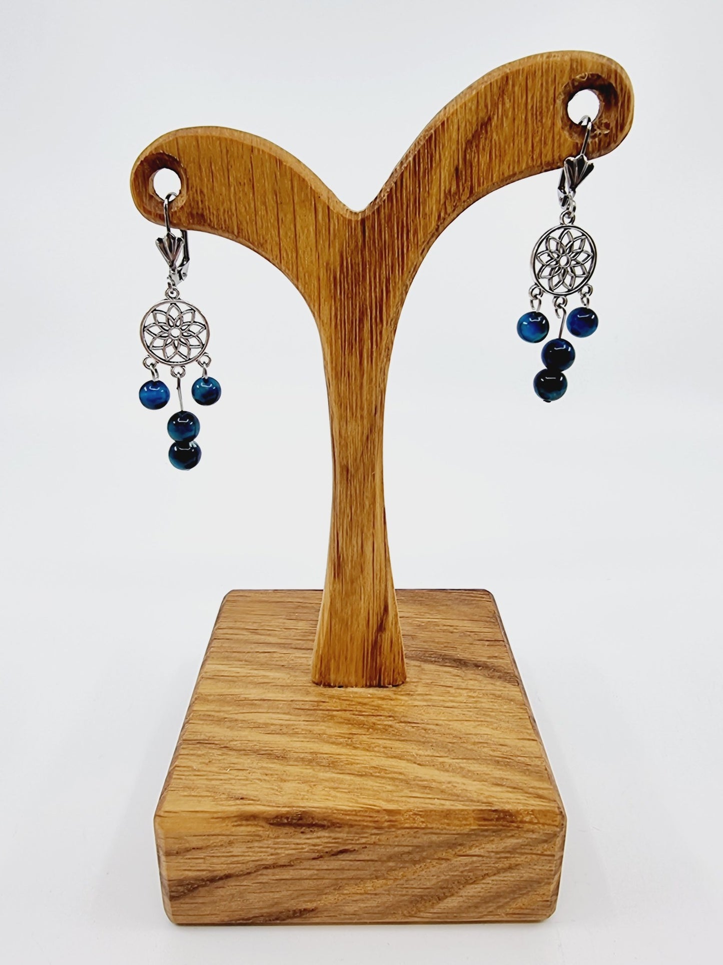 Boucles d'oreilles fleur de vie - Oeil du tigre bleu