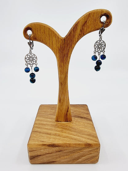 Boucles d'oreilles fleur de vie - Oeil du tigre bleu