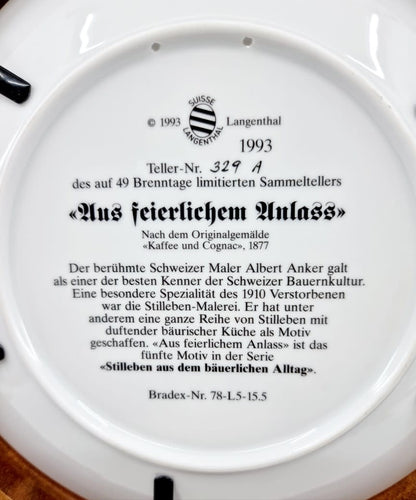 Assiette de collection d'Albert Anker représentation du tableau "Le café et le cognac"