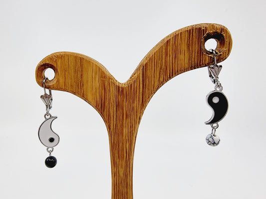 Boucles d'oreilles yin-yang - Obsidienne et Howlite blanche