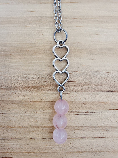 Collier trio de coeurs - Quartz rose