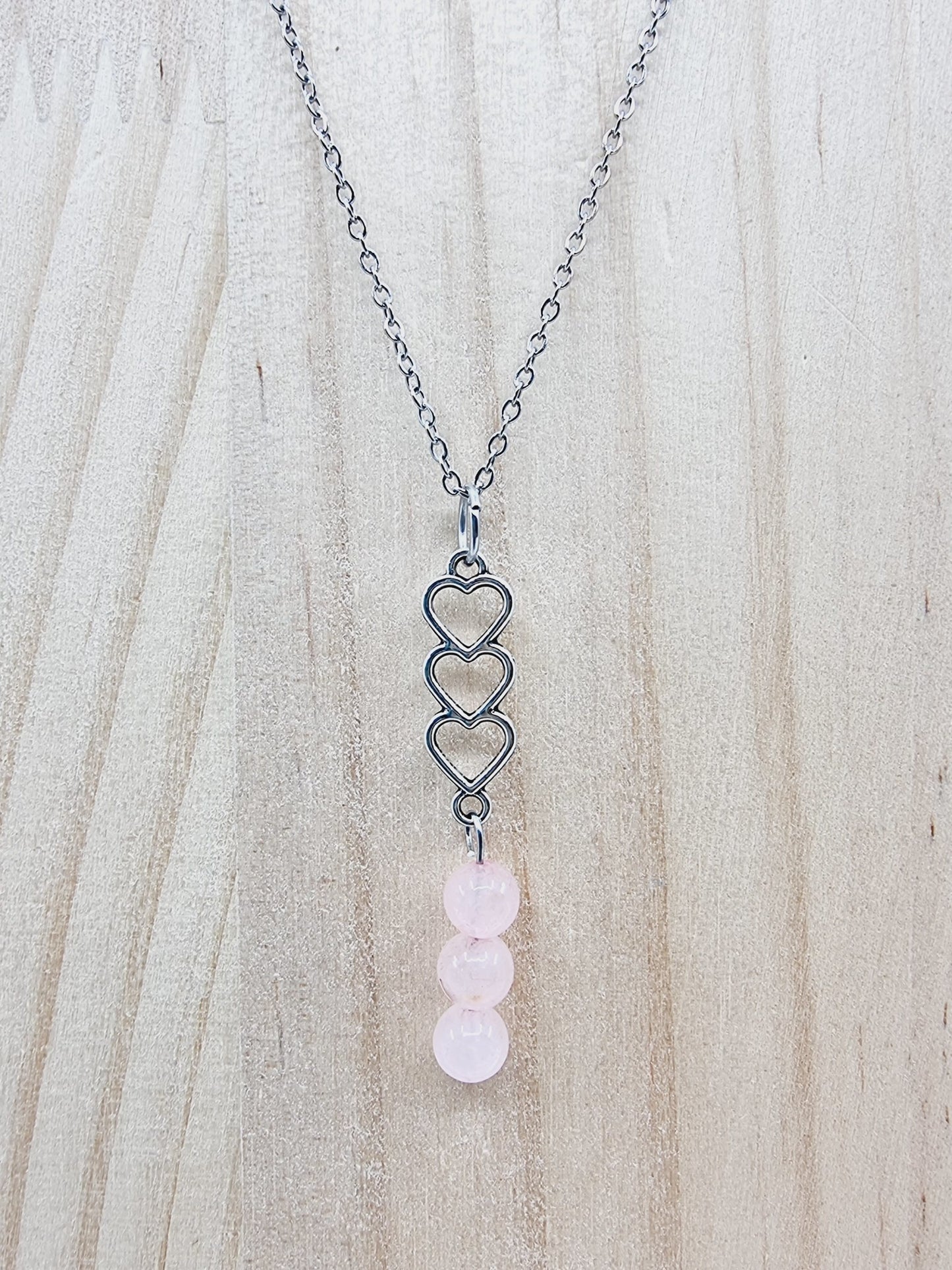 Collier trio de coeurs - Quartz rose