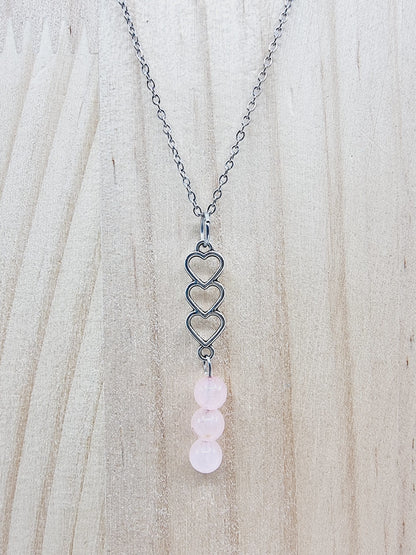 Collier trio de coeurs - Quartz rose
