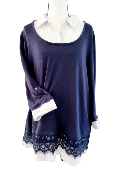 Pull à empiècement chemisier & dentelle (SIZE : EUR 46)