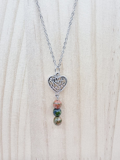 Collier coeur à fioriture - Unakite